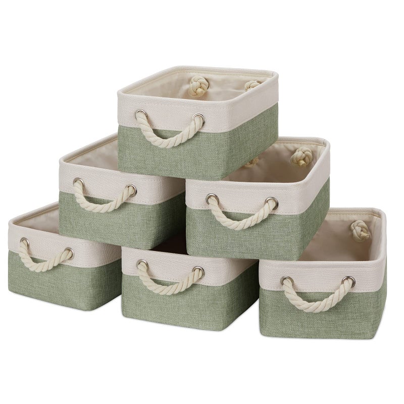 Temary Small Storage Baskets Small Fabric Bins for Closet  6 Pack Decorative Storage Boxes with Rope Handles for Organizing Clothes  Canvas Storage Basket(White&Green 11.8L x 7.9W x 5.3H inches) - Image 1